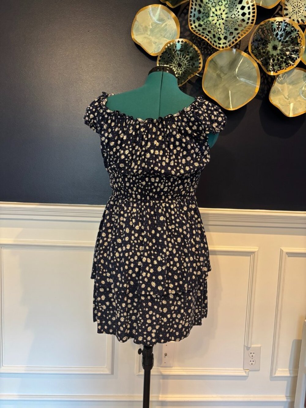 For Justify Navy Daisy Smocked Off Shoulder Tiered Dress Large